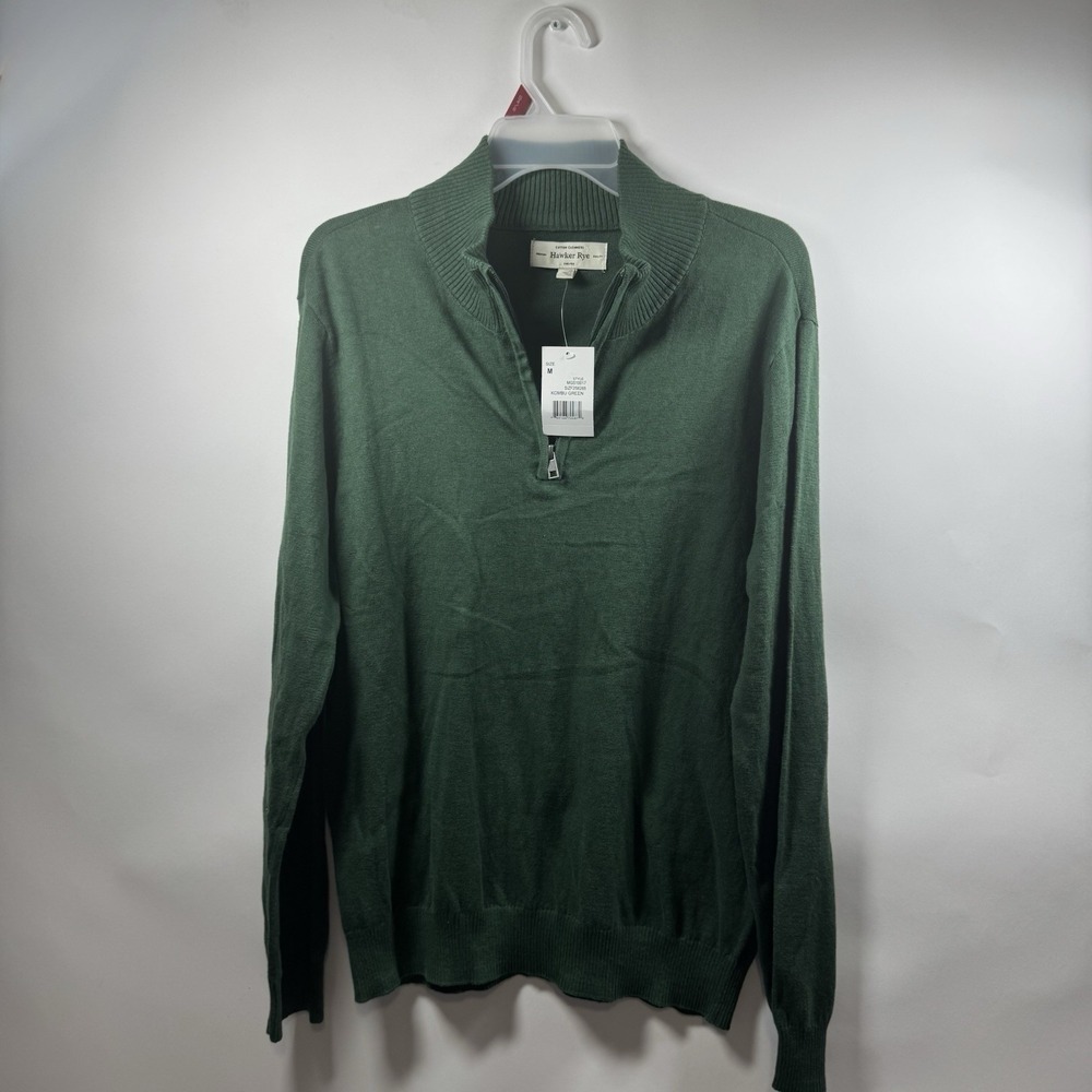Hawker Rye Men's Cotton Cashmere Sweater Green Long Sleeve Mock 1/4 Zip Size M